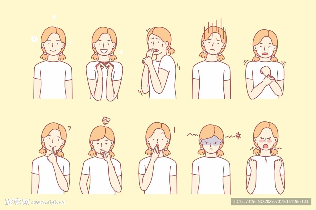 女孩多样手势表情插画