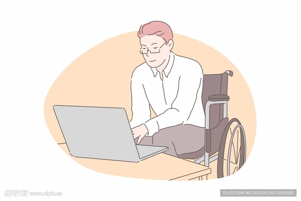 轮椅上的工作者专注用电脑