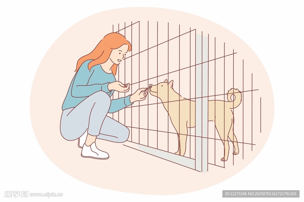 女子与笼中狗狗互动