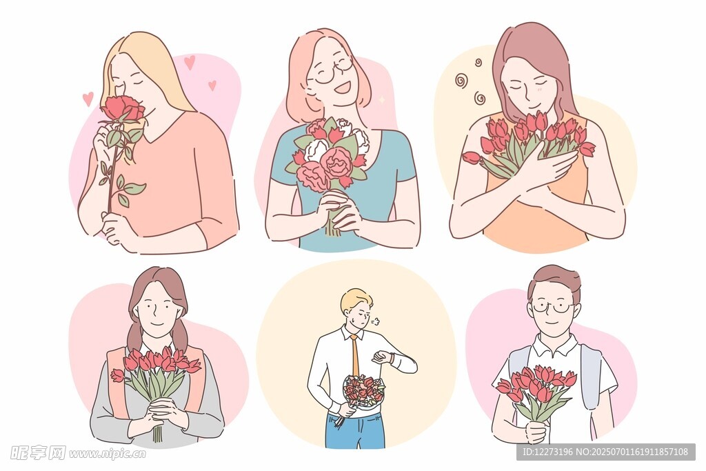 手持花束的人物插画集合