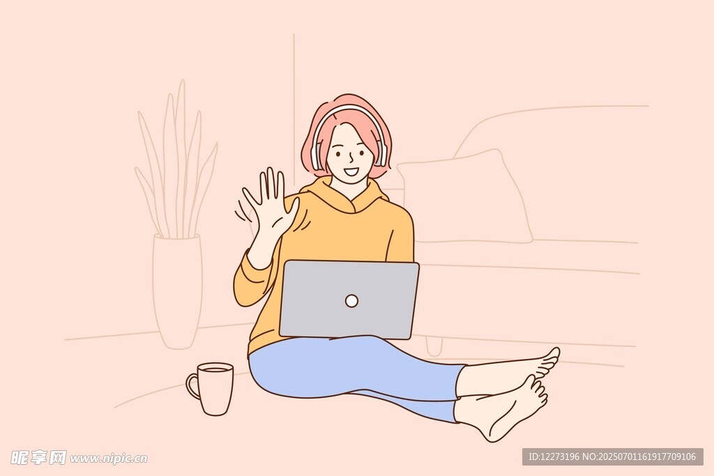 女子居家惬意用电脑玩手机