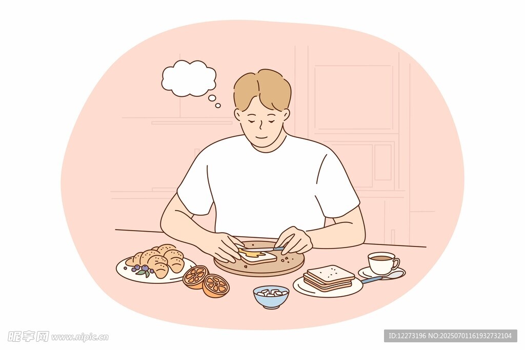 男子专注享用丰盛美食