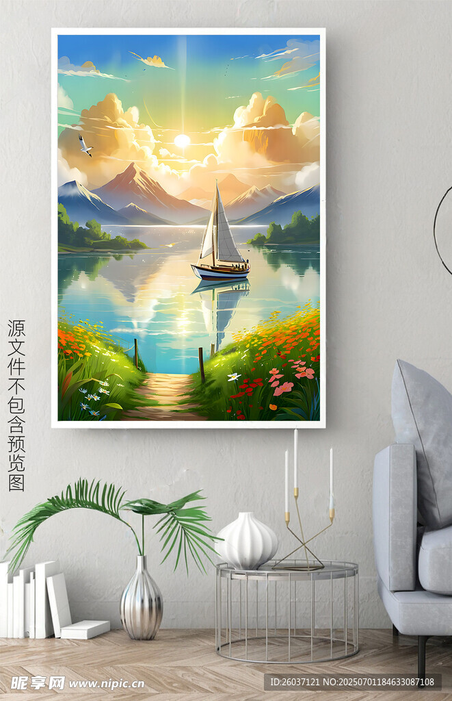现代手绘油画日出帆船风景装饰画