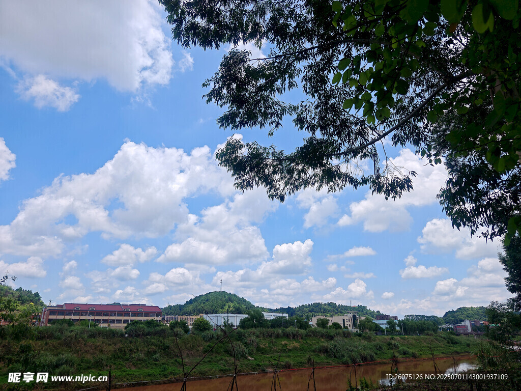 乡村蓝天绿树风景图