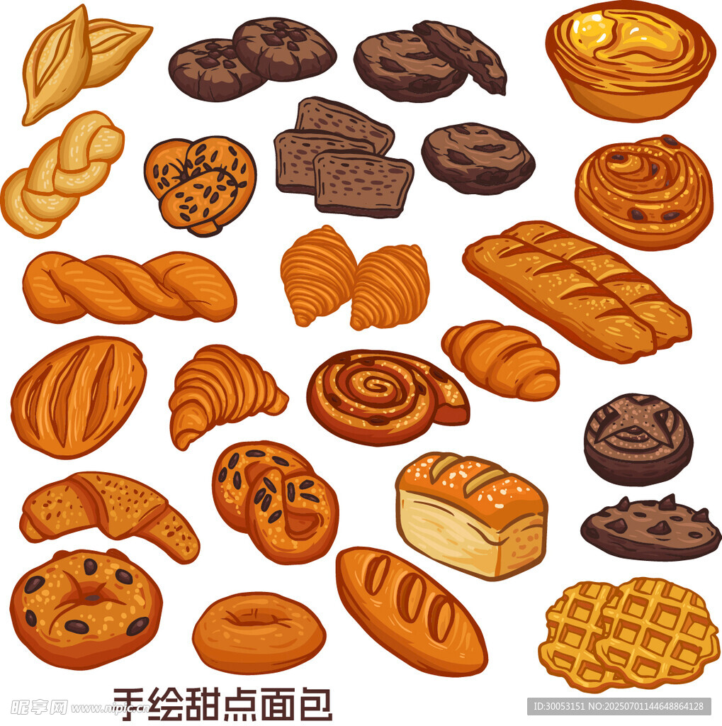 多样手绘烘焙面包糕点图