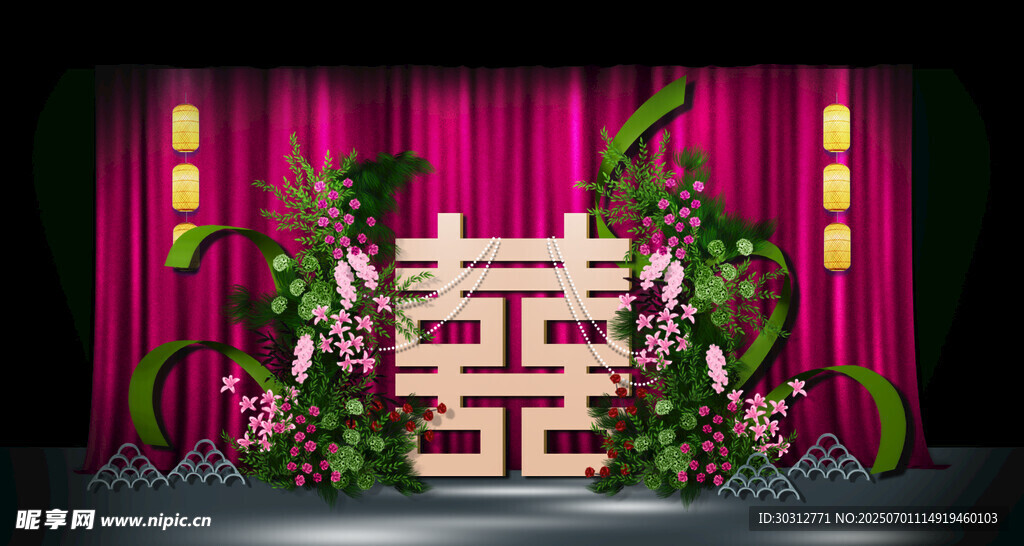 中式婚礼喜字花卉布置