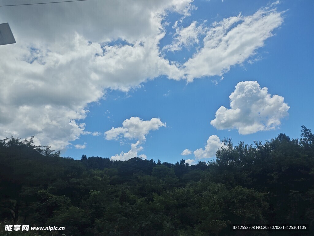 蓝天白云下的葱郁山林