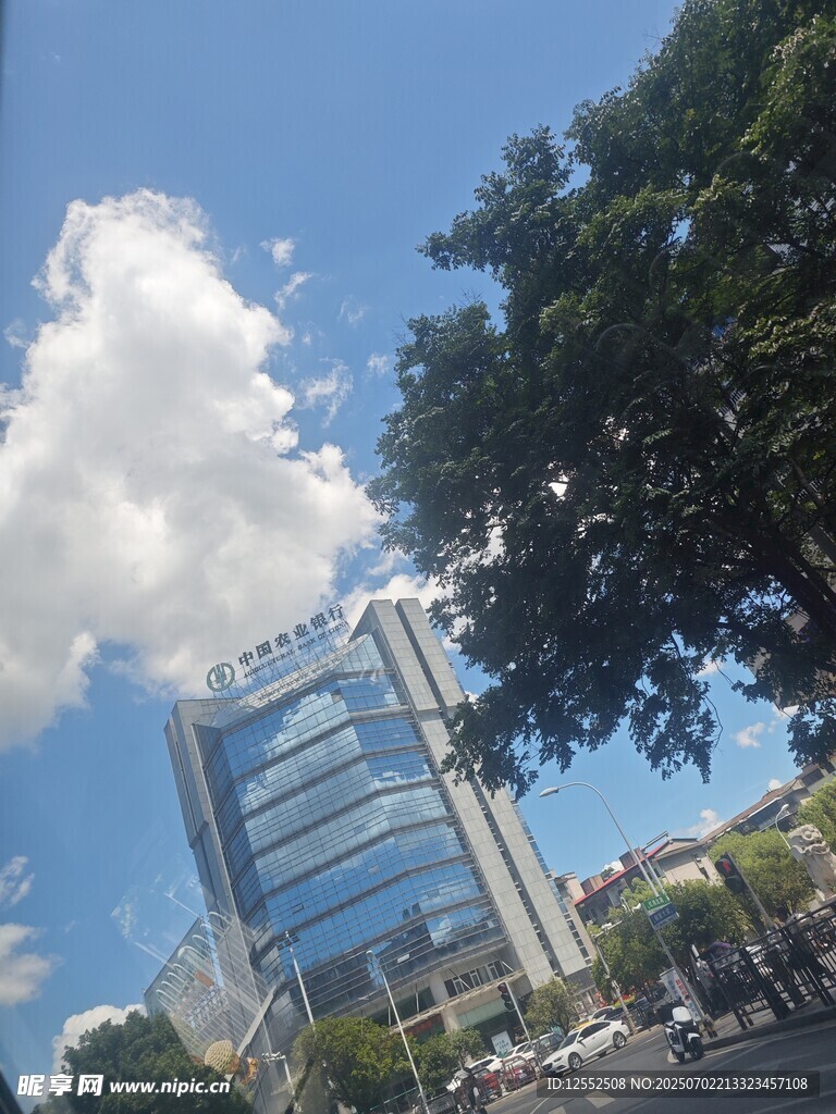 城市蓝天高楼与绿树景观