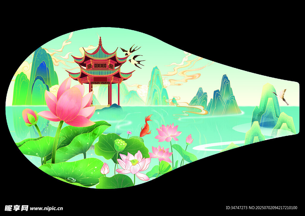 中式山水亭阁琵琶形插画