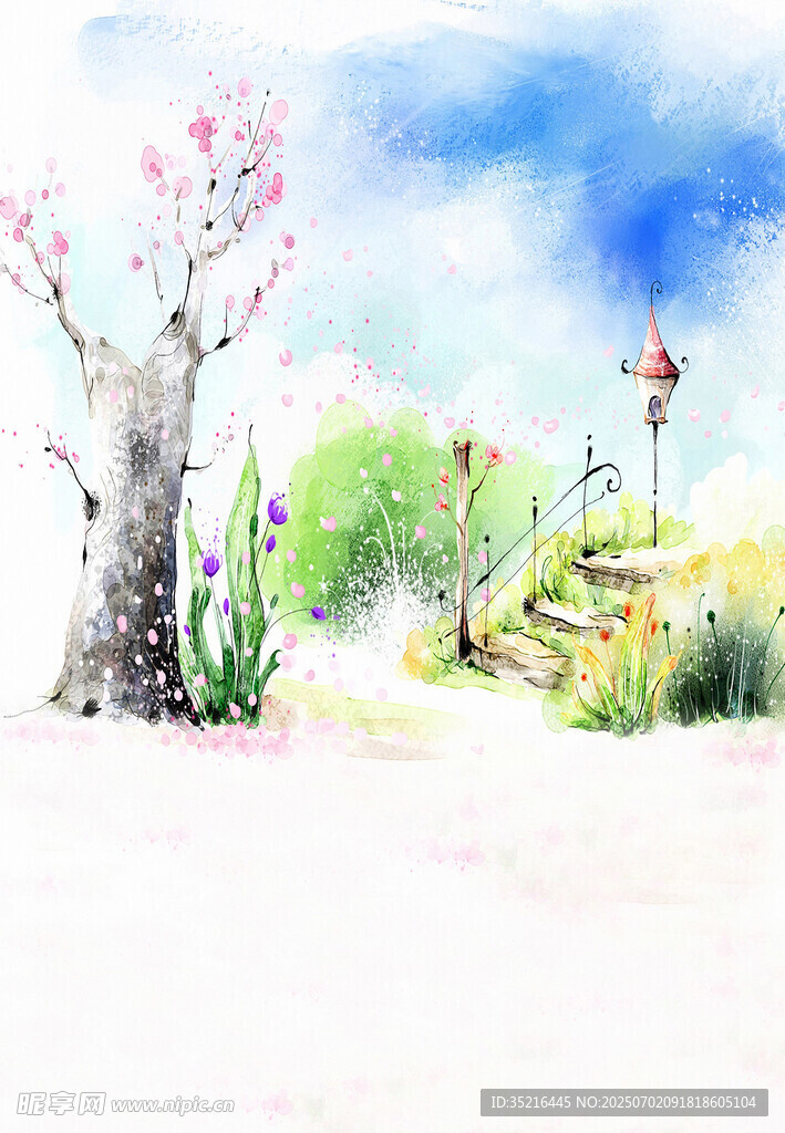 春日田园风景水彩画