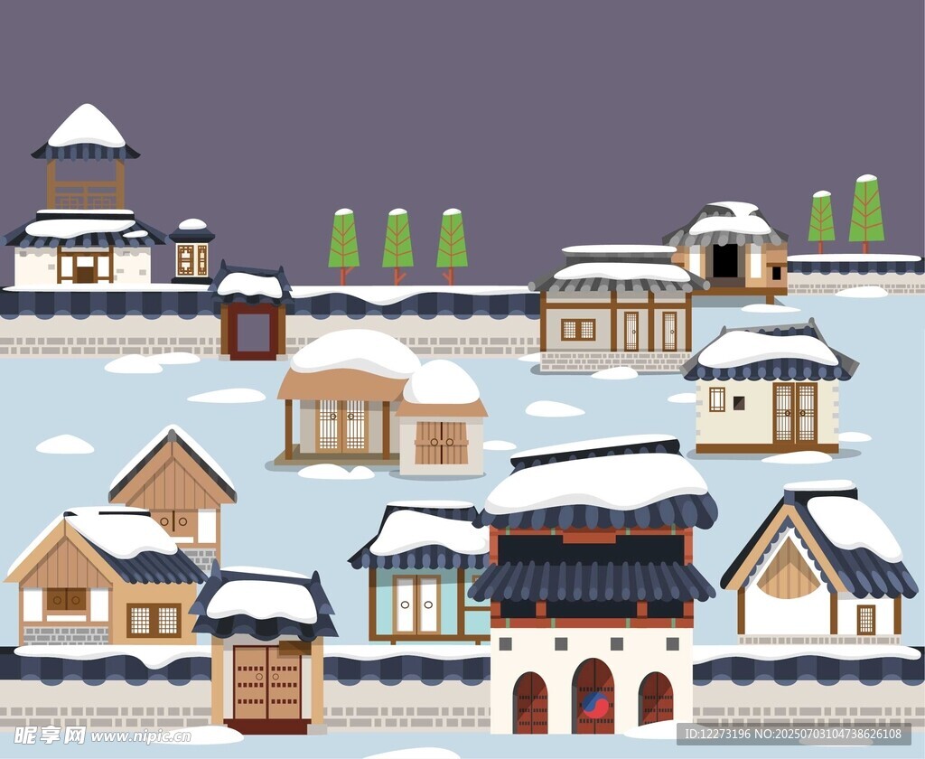 冬日雪景中的传统建筑群
