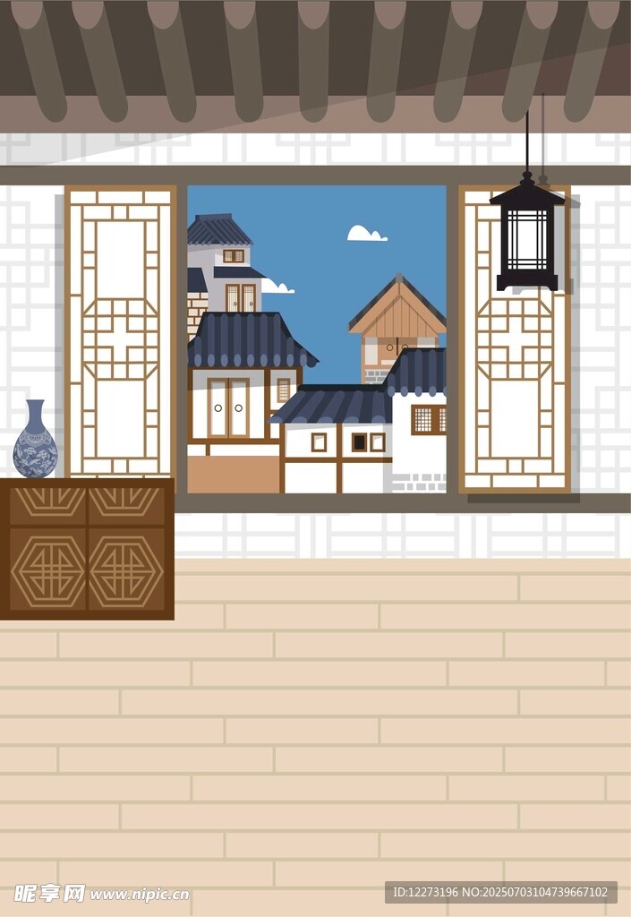 传统韩屋室内与窗外景致