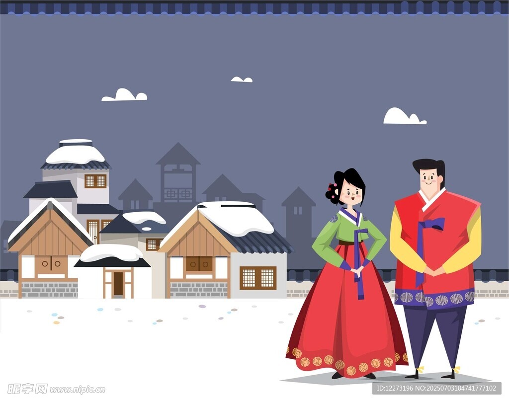 冬日韩服情侣雪景图