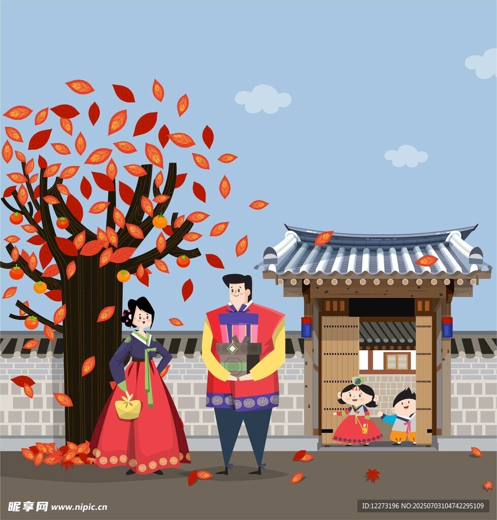 秋日韩服情侣于传统建筑前