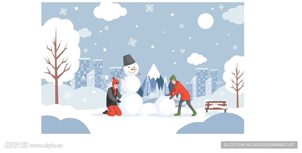 冬日雪地中的欢乐堆雪人场景