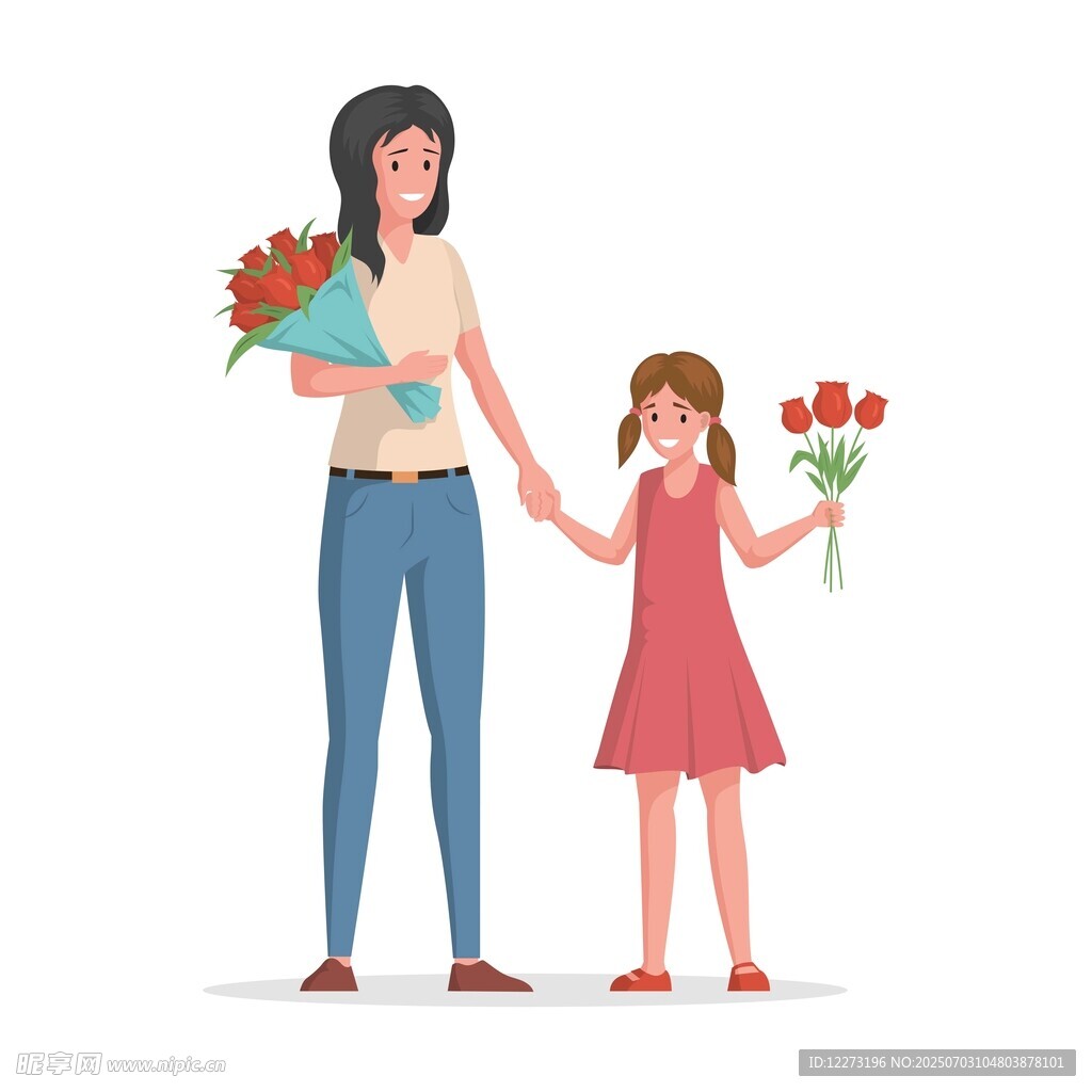 母女手持鲜花温馨时刻