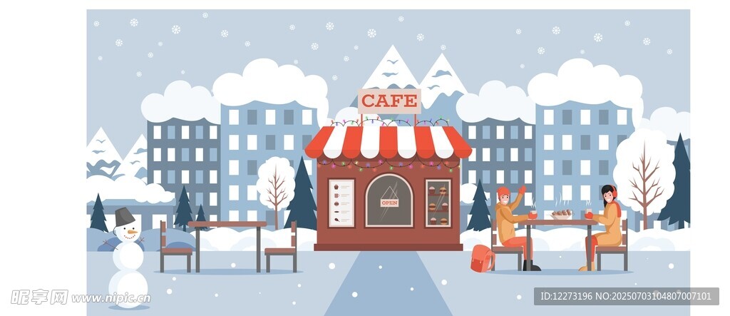 冬日小镇雪景中的温馨场景