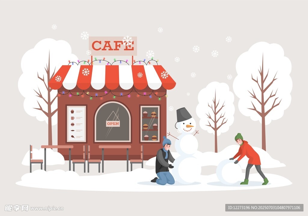 冬日街头咖啡店雪景