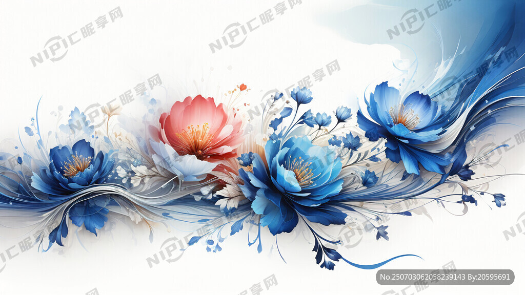背景白底蓝 色渐变。梦幻花朵