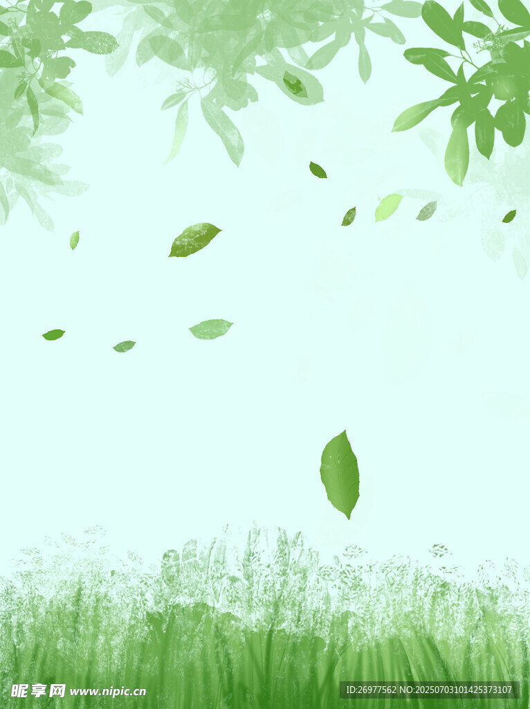 清新草地与飘落绿叶