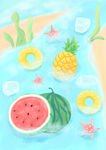 夏日清凉水果泳池插画