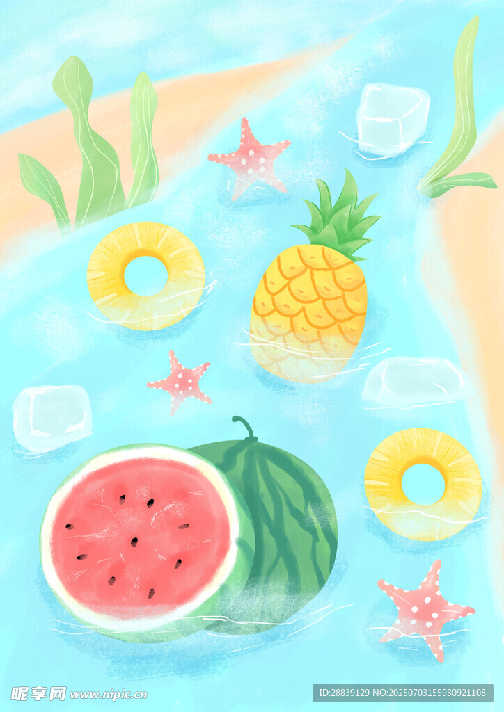 夏日清凉水果泳池插画