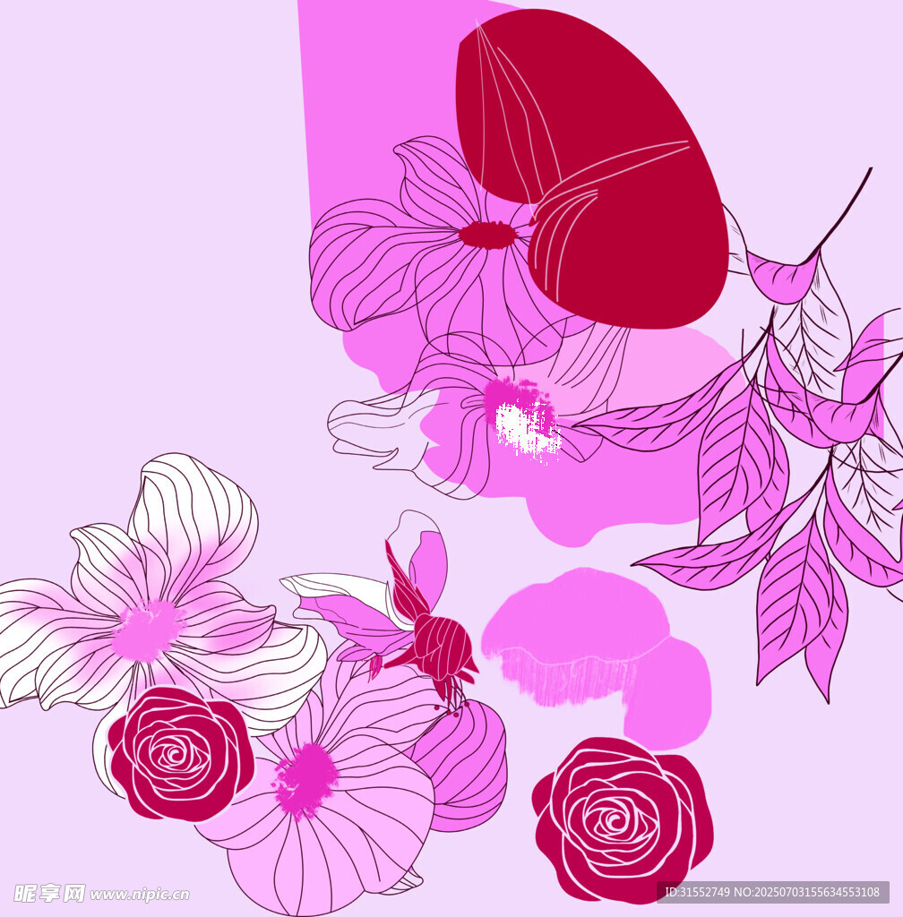 梦幻花卉与蜻蜓插画