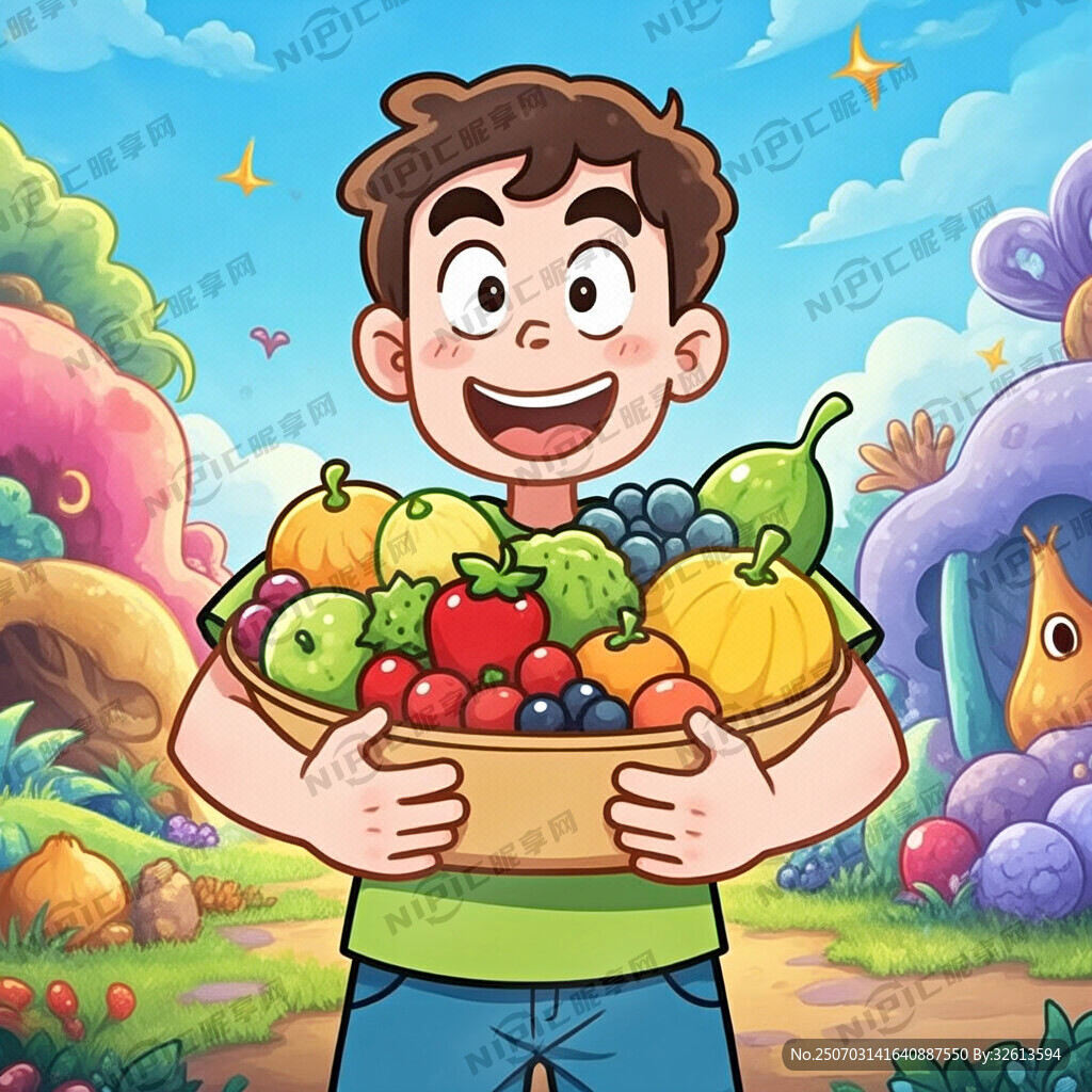 一个卡通男人 抱着很多水果