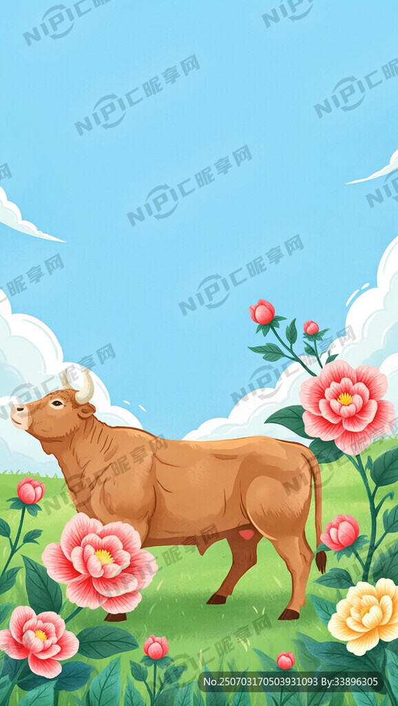 生成一张插画风格的牛和花朵植物