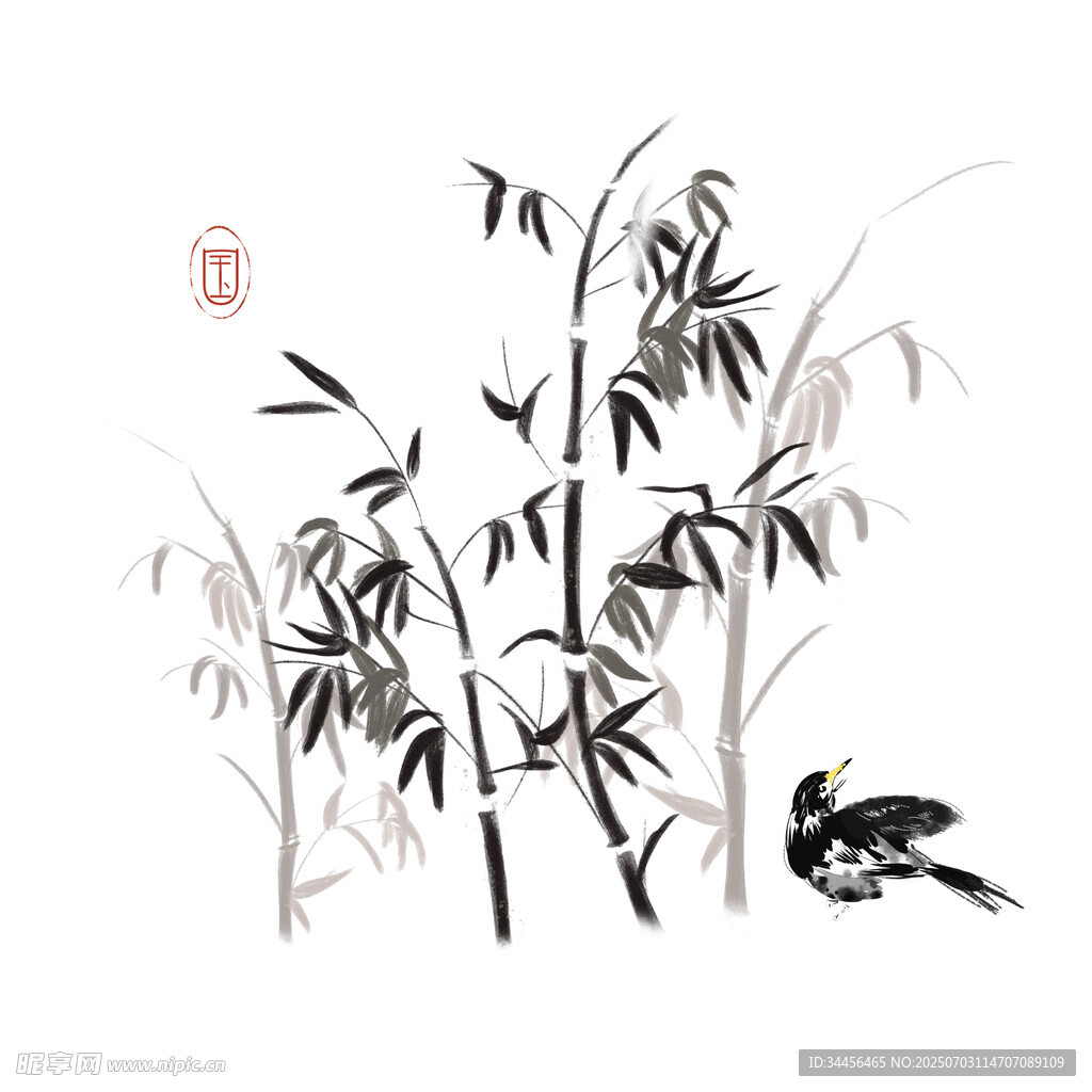 水墨竹影间飞鸟