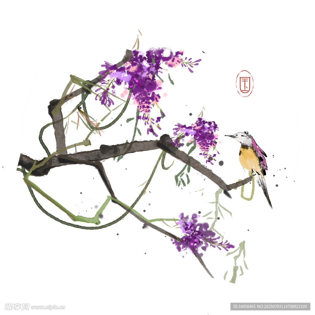 紫花枝头鸟栖图