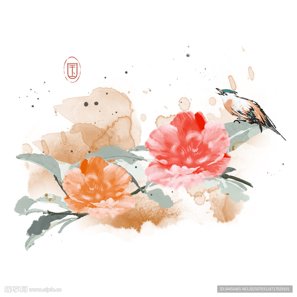 水墨牡丹图飞鸟相伴