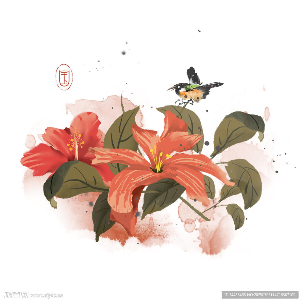 水墨花卉间的灵动小鸟
