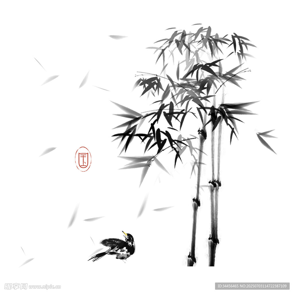 水墨风竹林飞鸟图
