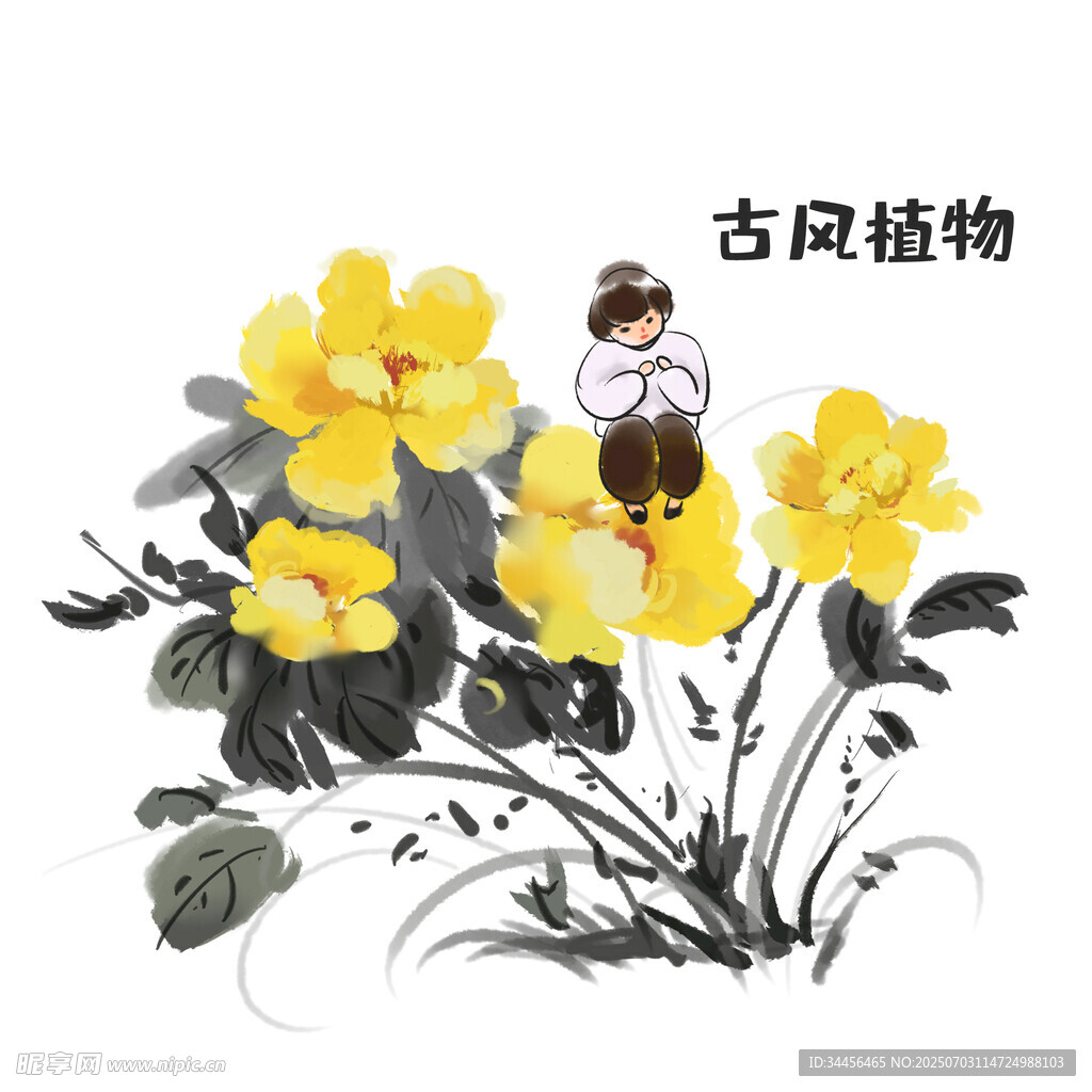 古风插画中的蜜蜂与花卉