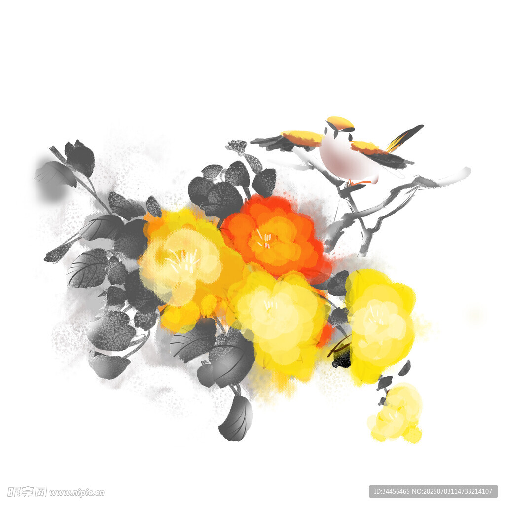 水墨花鸟图双鸟栖繁花