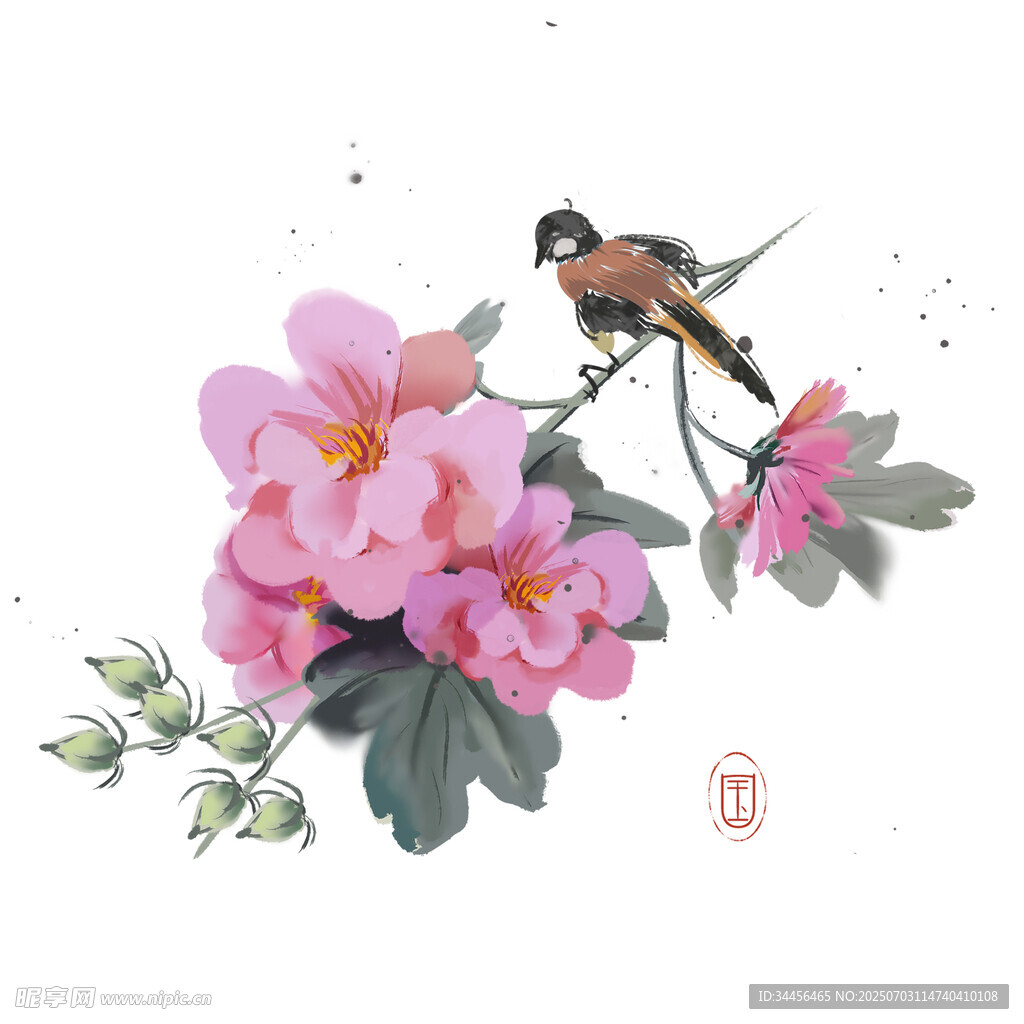 花鸟图粉花俏鸟入画来
