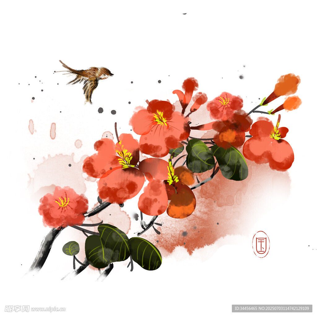水墨风花枝飞鸟图