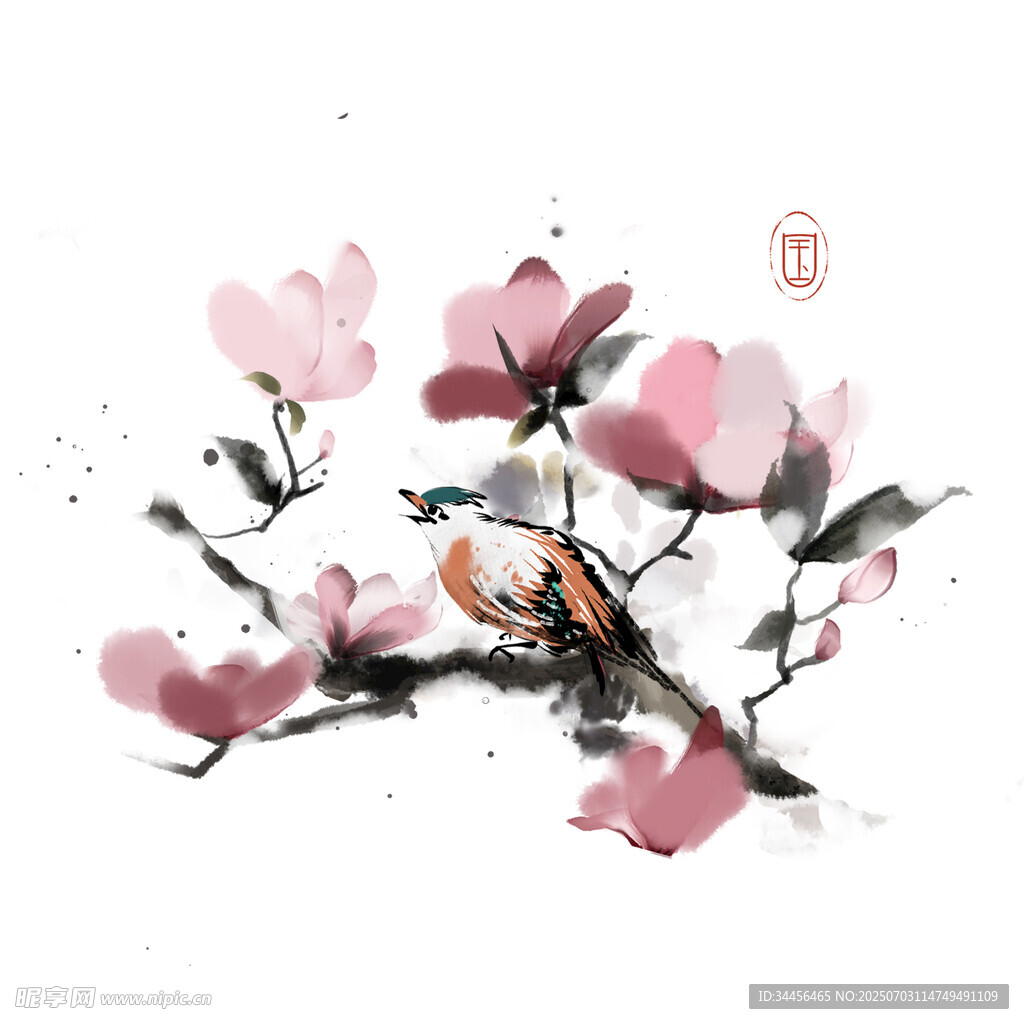 水墨花鸟图双鸟栖花枝