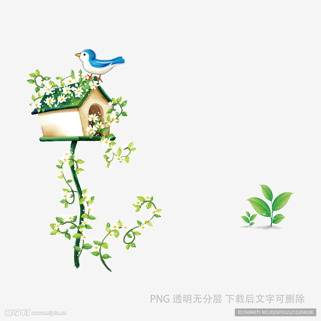 枝头小鸟与小屋的清新画面