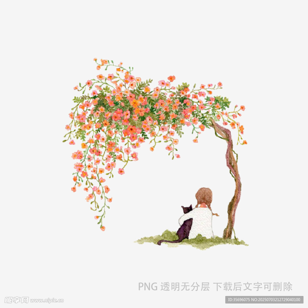 树下孩童与猫的温馨画面