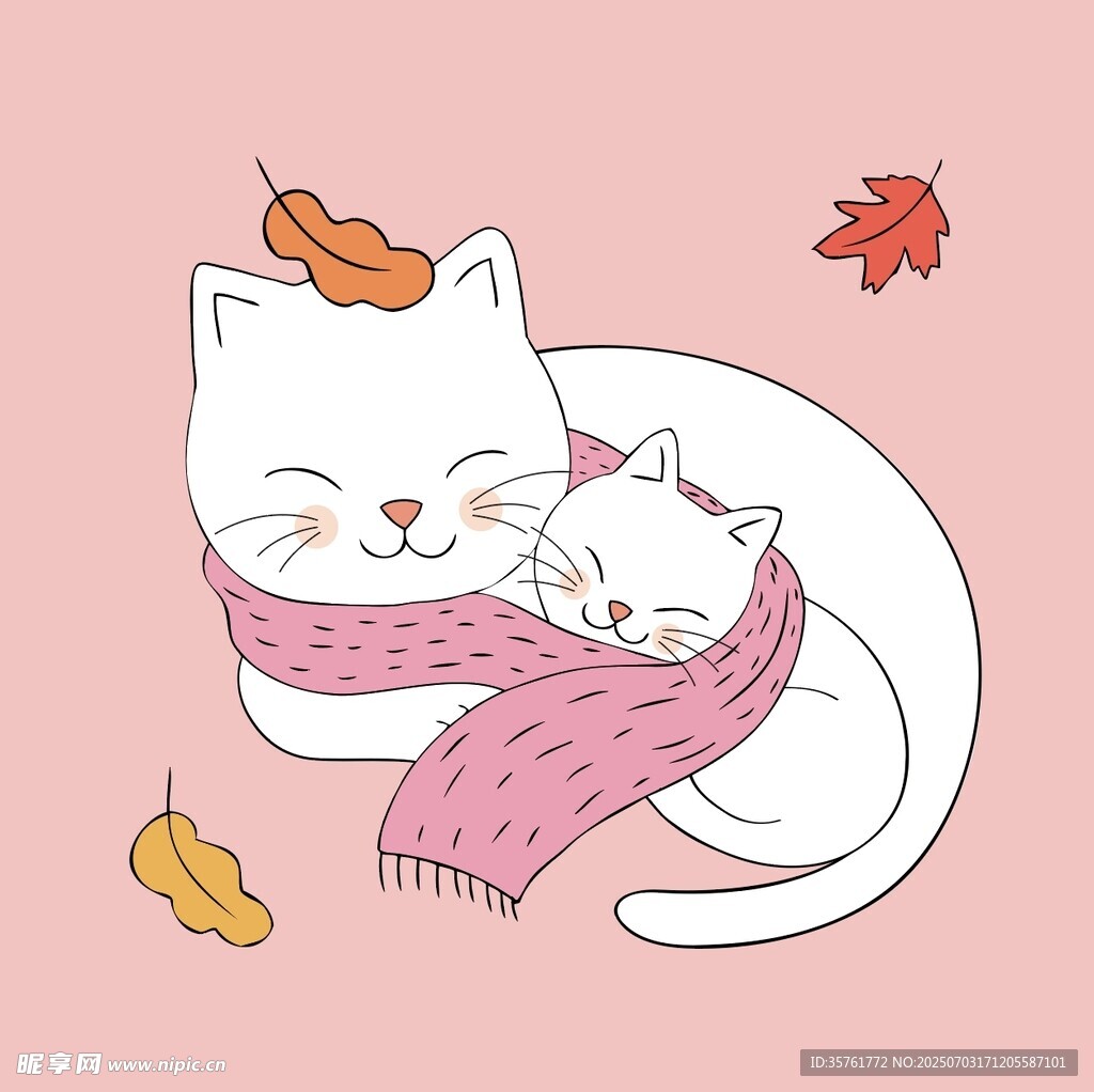 依偎的猫咪与秋叶