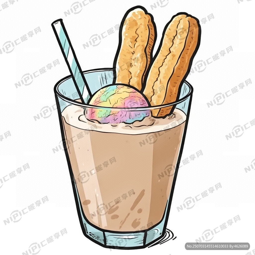 油条和冰淇淋球在一杯豆浆的透明