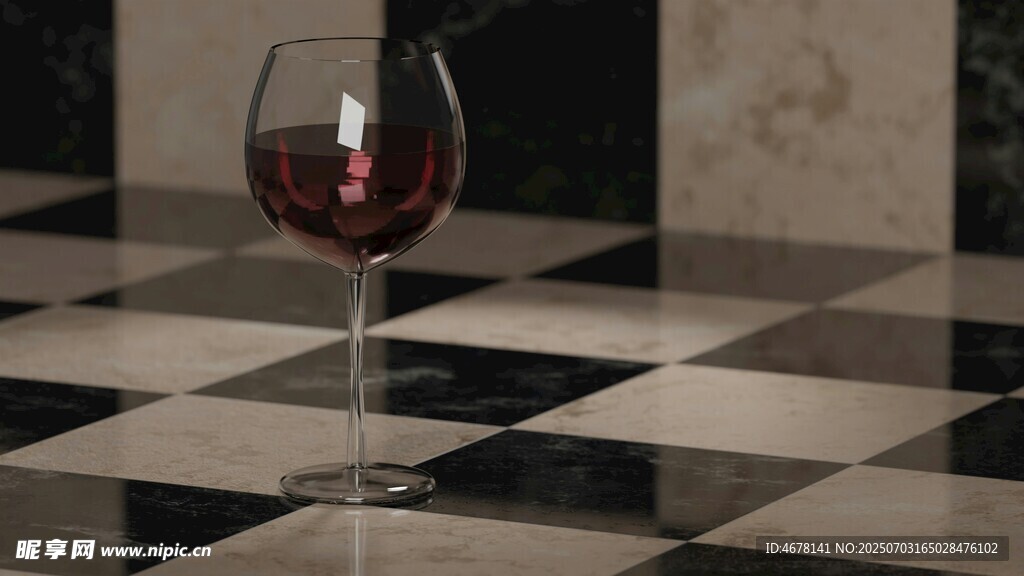 方格地板上的高脚红酒杯