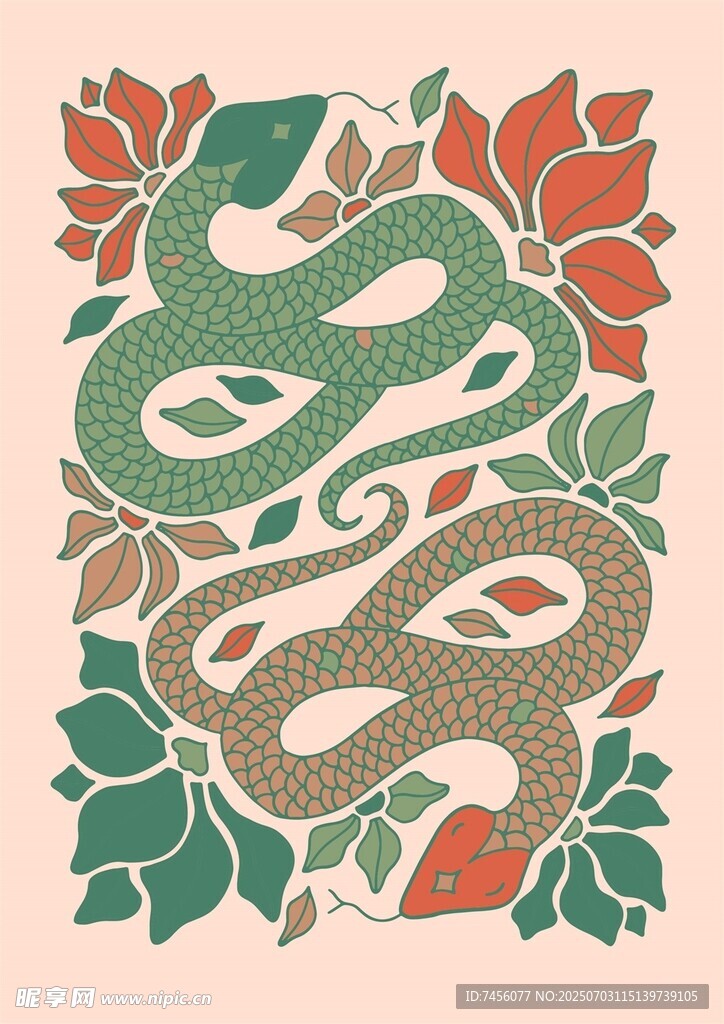 复古风盘绕蛇与花叶图案