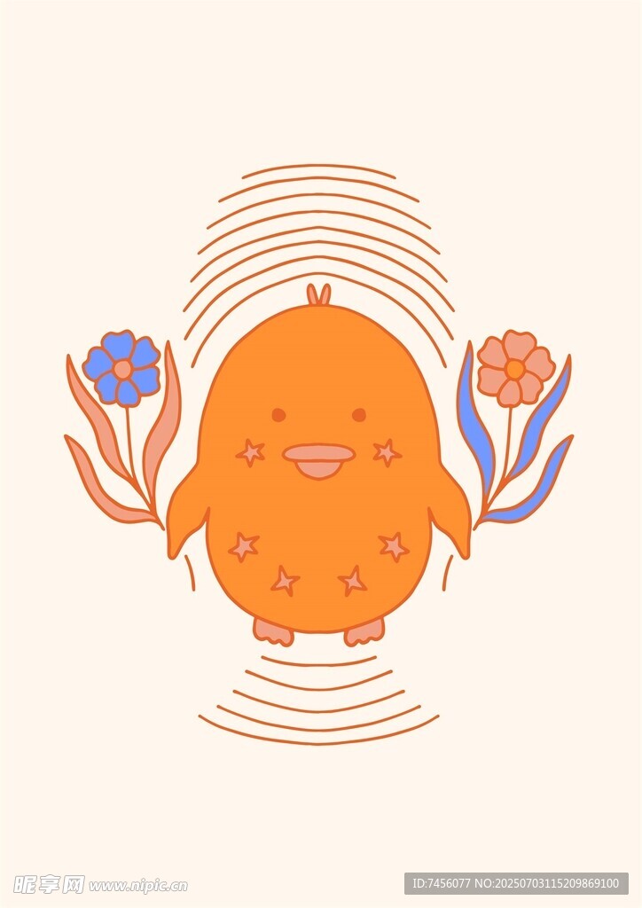 可爱橙色生物与花卉图案