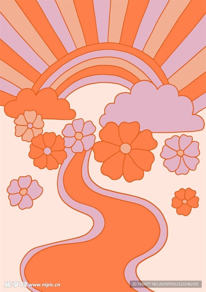 梦幻花卉彩虹小径插画
