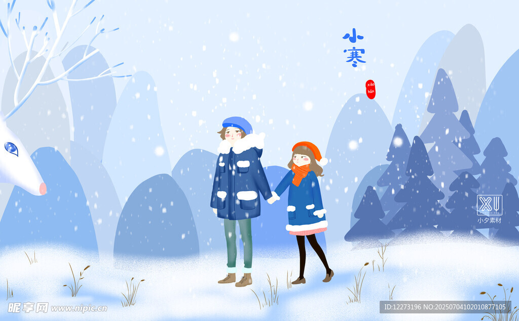 冬日情侣漫步雪景中