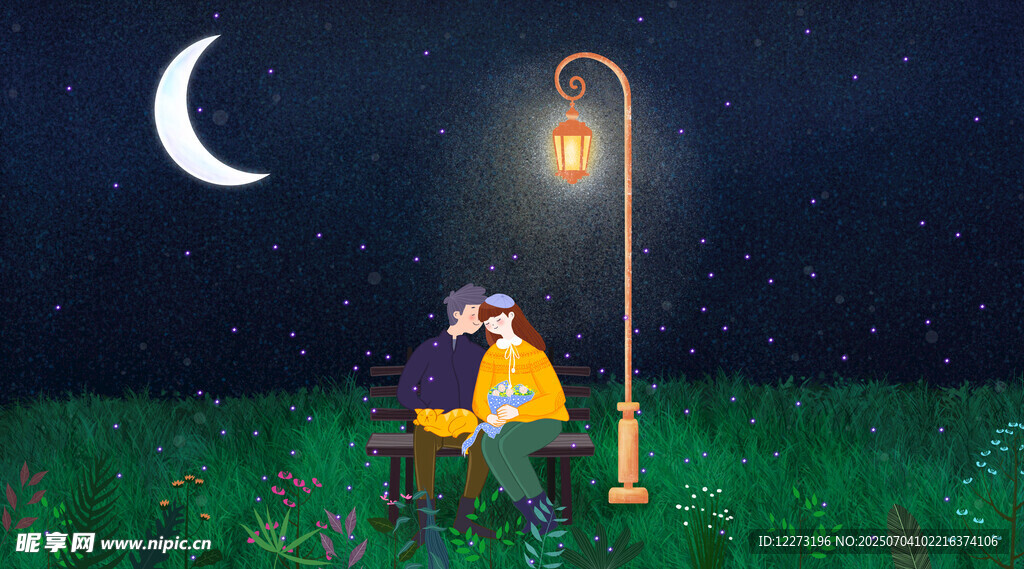 月夜下情侣依偎在路灯旁