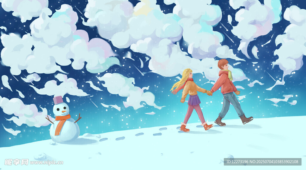 冬日雪地情侣漫步场景